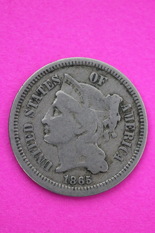 1865 Three 3 Cent Nickel Scarce Semi Key Date Type Coin Philadelphia Mint 194