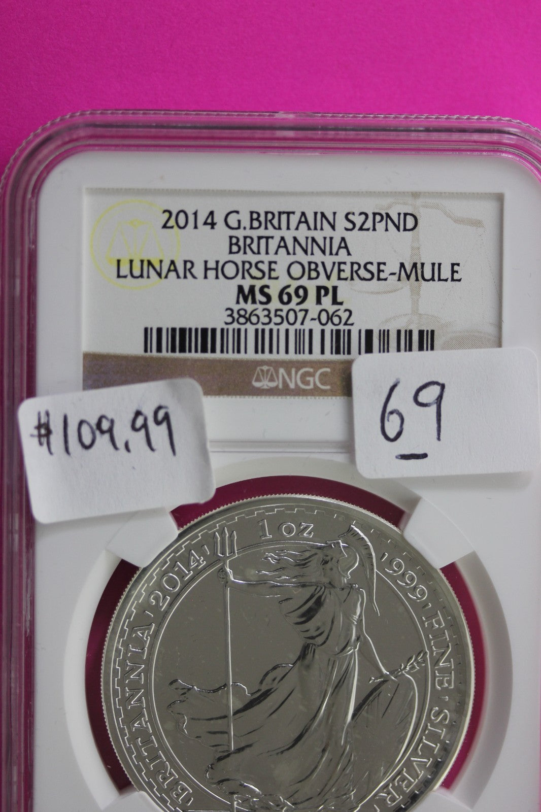 2014 MS 69 PL Great Britain £2 Britannia Lunar Horse NGC Graded Slab 63