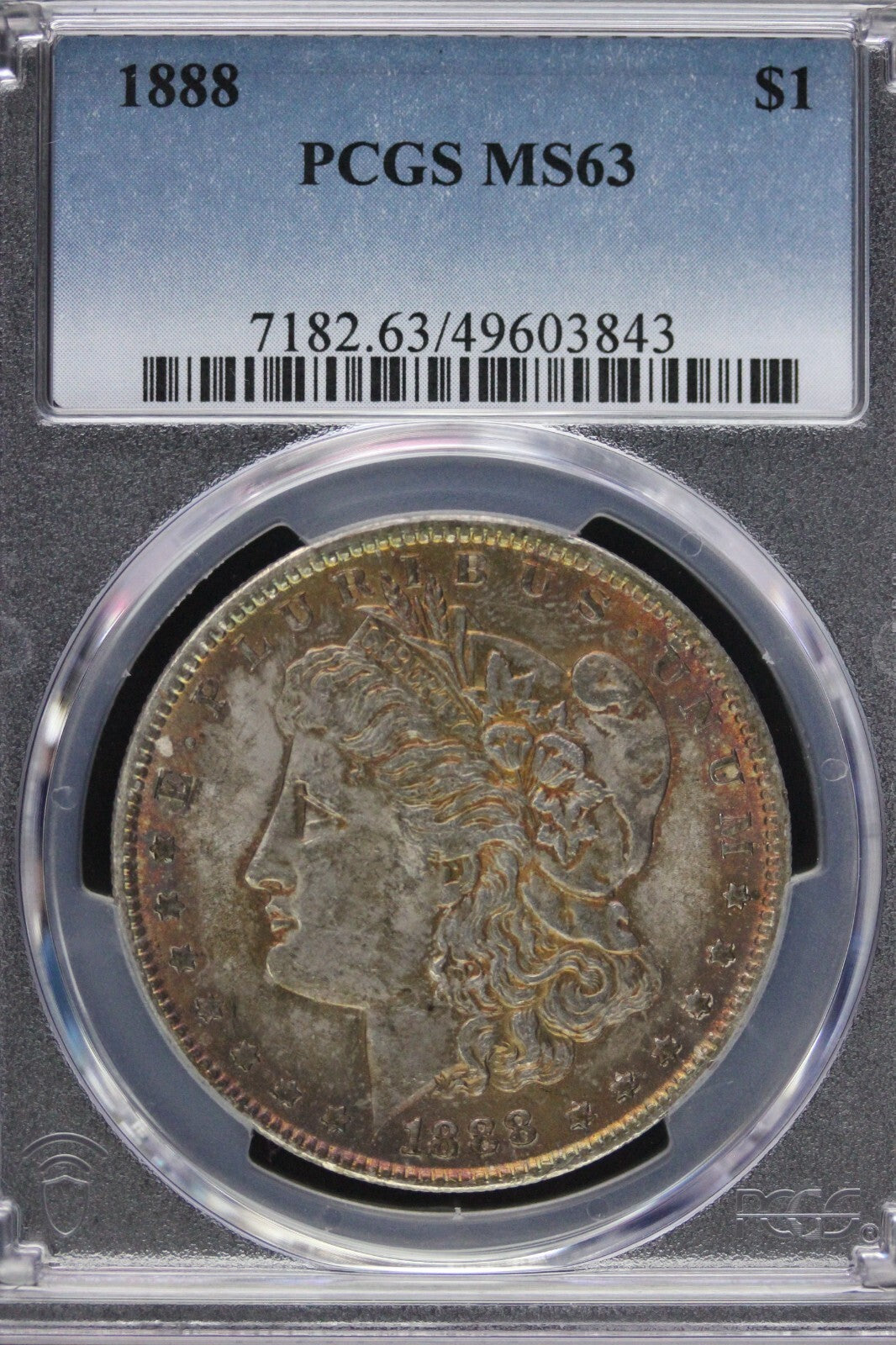 Toned 1888 P MS 63 Morgan Liberty Silver Dollar PCGS Certified Slab 32