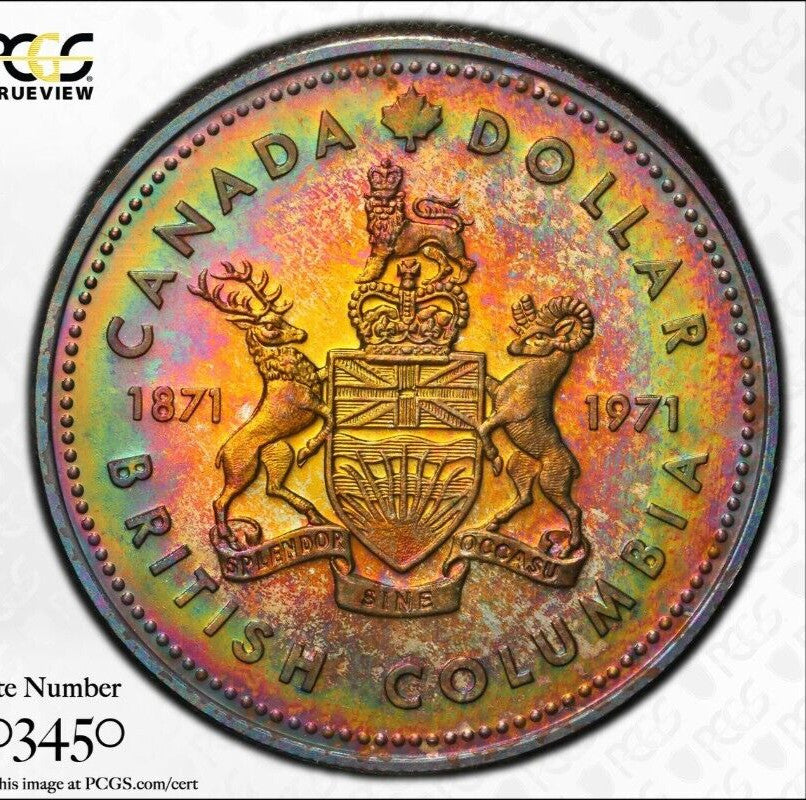 Rainbow Toned 1971 SP 67 Canada British Columbia Silver Dollar PCGS Graded 727