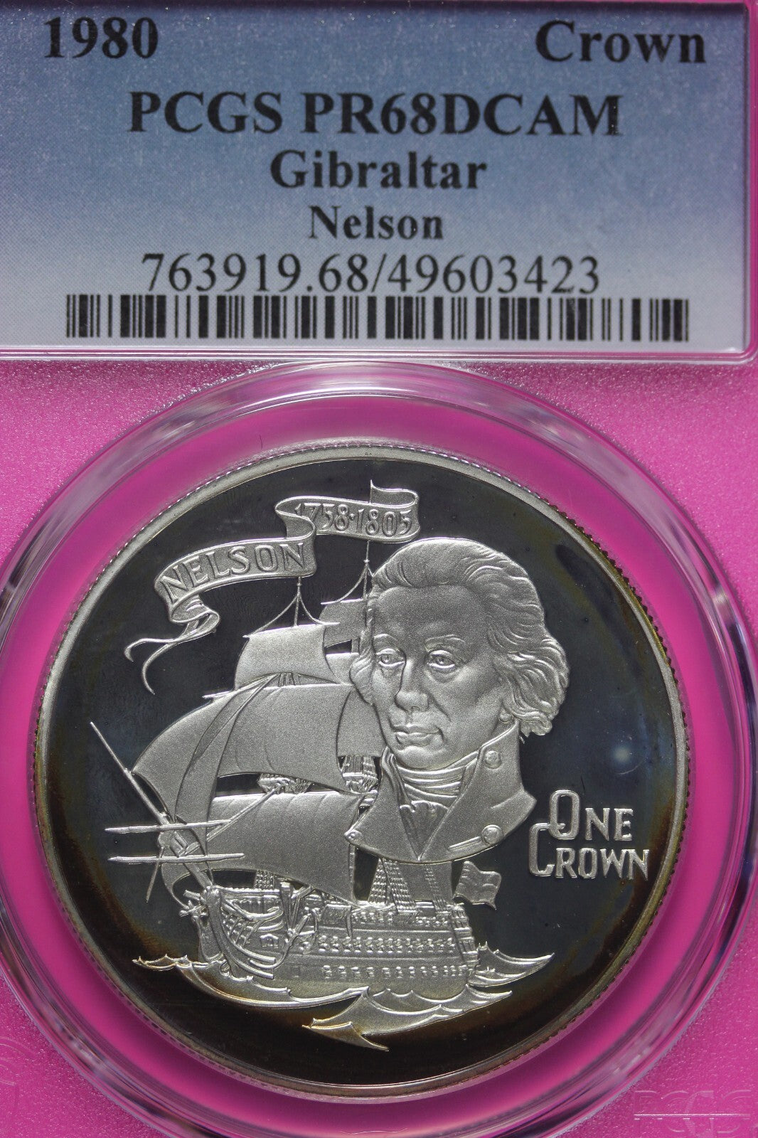 Toned 1981 PR 68 DCAM Crown Gibraltar Admiral Nelson Battle Trafalgar PCGS 555