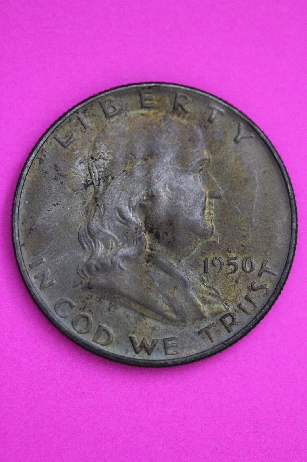 Toned 1950 D Ben Franklin Silver Half Dollar FBL Guaranteed Authentic Coin 1038