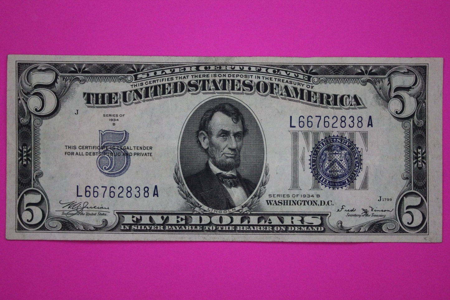 1934 B $5 Five Dollars Silver Certificate Guaranteed Authentic Genuine Bill 56