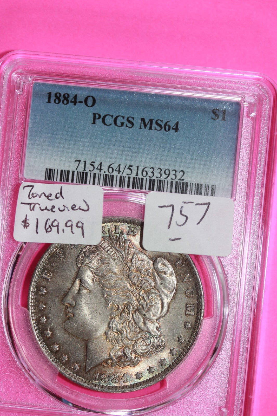 Nicely Toned 1884 O MS 64 Liberty Morgan Silver Dollar PCGS Certified Slab 757
