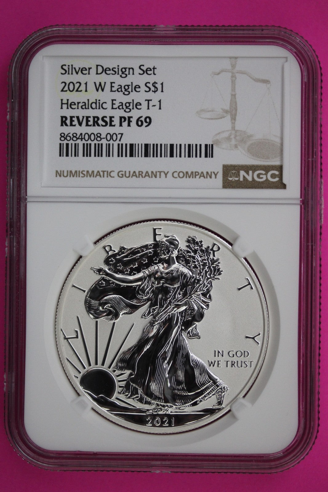 2021 W T1 Reverse Proof Silver Eagle PF 69 One Coin From Design Set NGC Slab 61