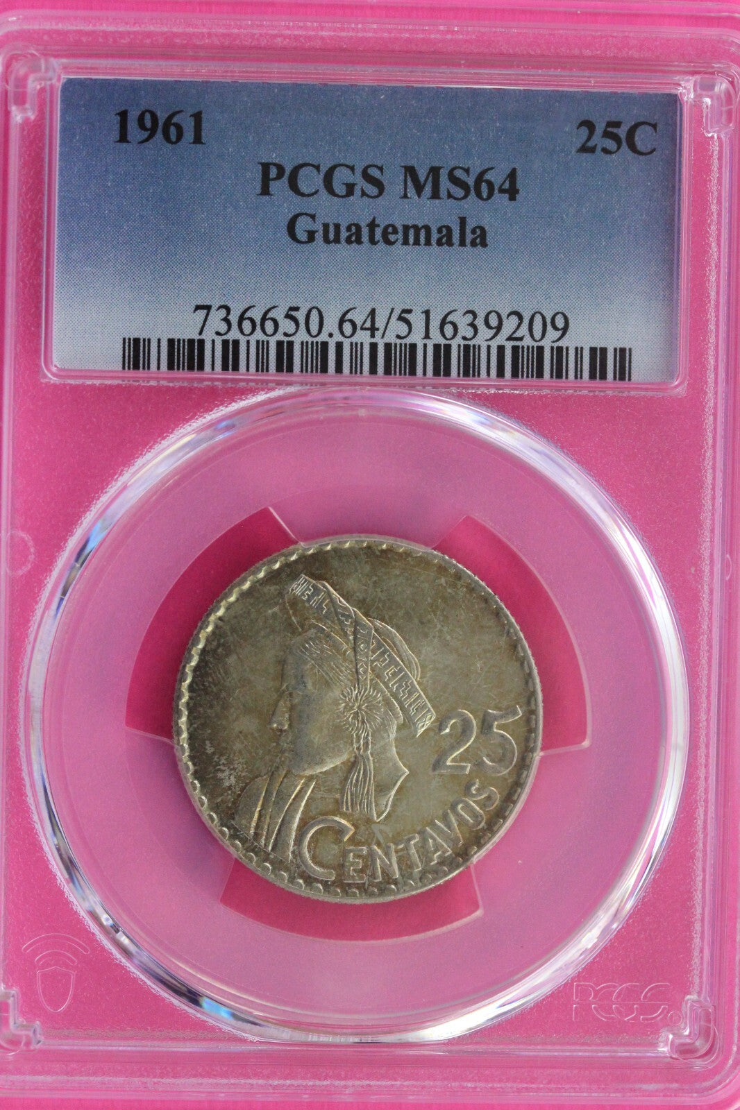 Pop 2  2 Finer 1961 MS 64 Guatemalo Silver Coin 25 Centavos PCGS Authentic 239