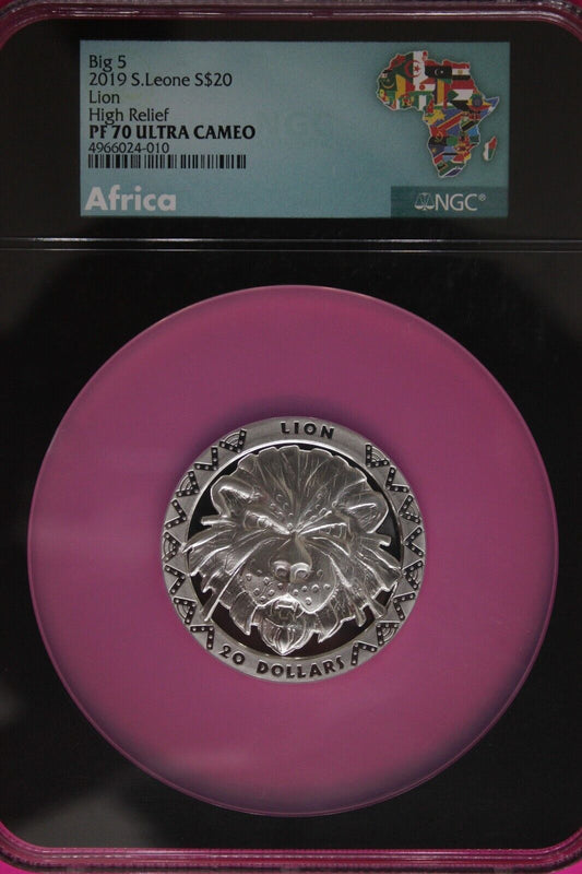 2019 PF 70 2 Ounces Silver Lion High Relief 20 D Sierra Leone .999 Fine NGC 7047