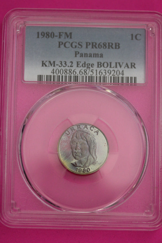 Rainbow Toned 1980 FM PR 68 RB Panama KM 33.2 Edge Bolivar 1 Centesimo PCGS 1207