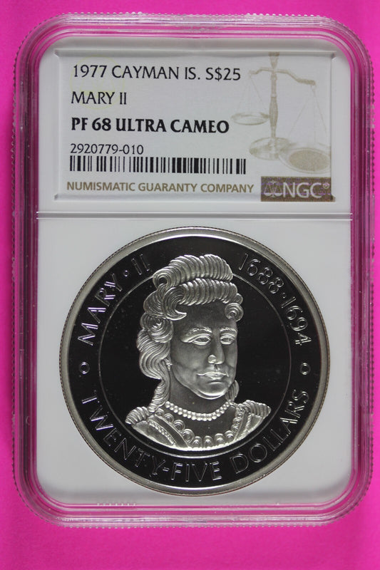 1977 PF 69 Cayman Islands Mary II $25 Dollars Silver Coin NGC Graded Slab 523