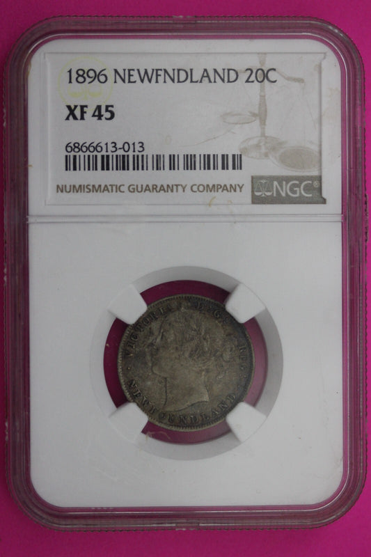1896 XF 45 Newfoundland 20 Cent Silver Coin NGC Certified Authentic Slab 372