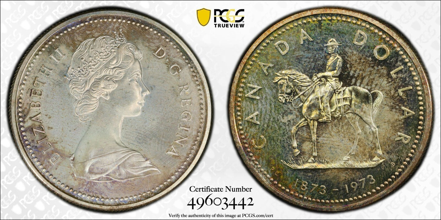 Golden Toned 1973 SP 66 Canada RC Mounted Police Silver Dollar PCGS Graded 740