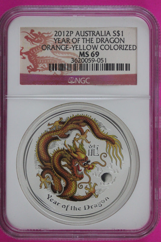 2012 P MS 69 Colorized Australia Year Of The Dragon $1 Silver Coin NGC Slab 966