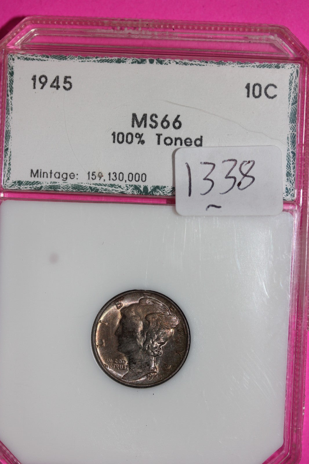 Toned High Grade BU 1945 P Mercury Dime Guaranteed Authentic & Genuine Slab 1338