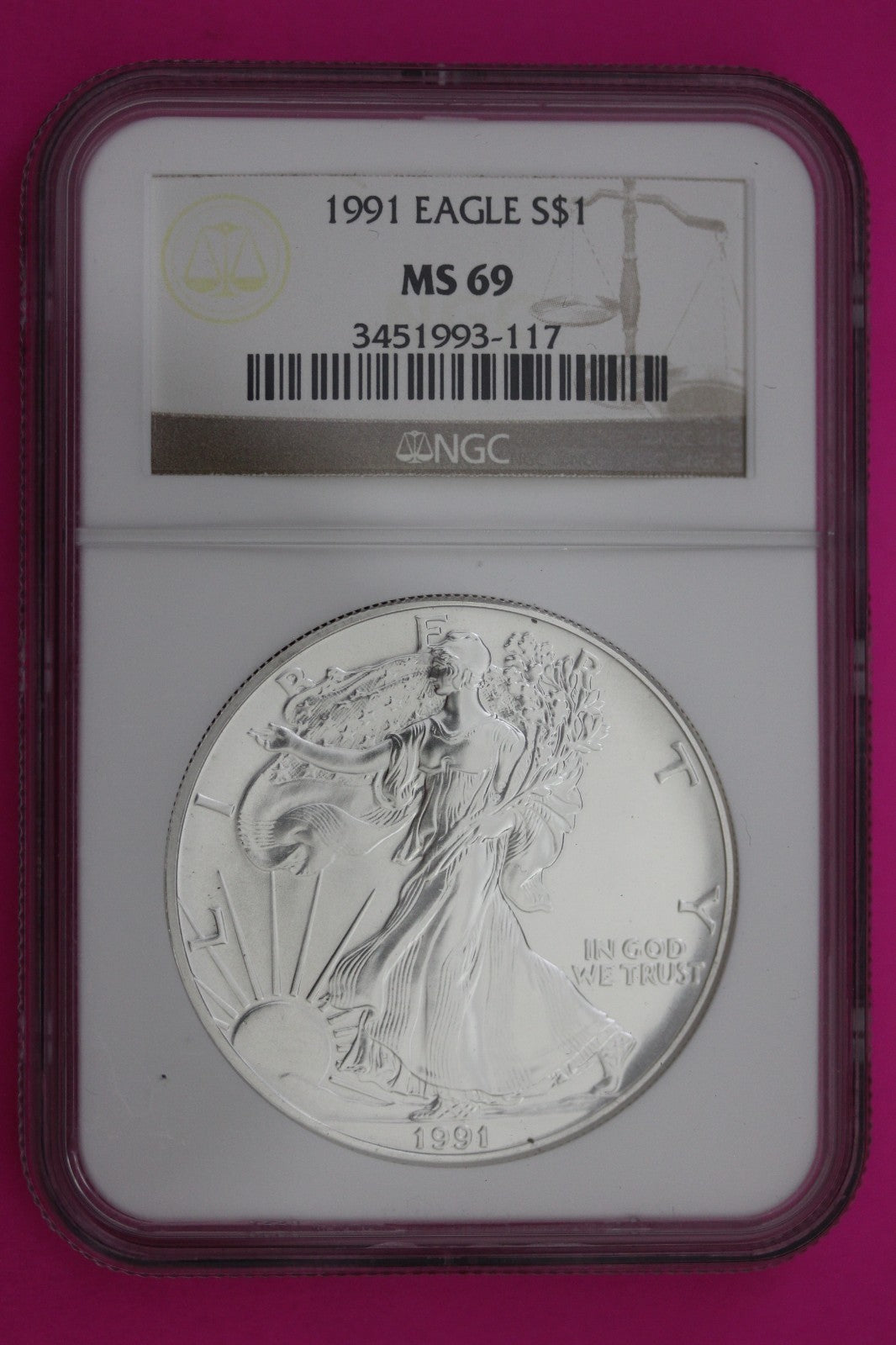 1991 MS 69 Silver Eagle 1 OZ .999 Silver NGC Certified Graded Authentic 230
