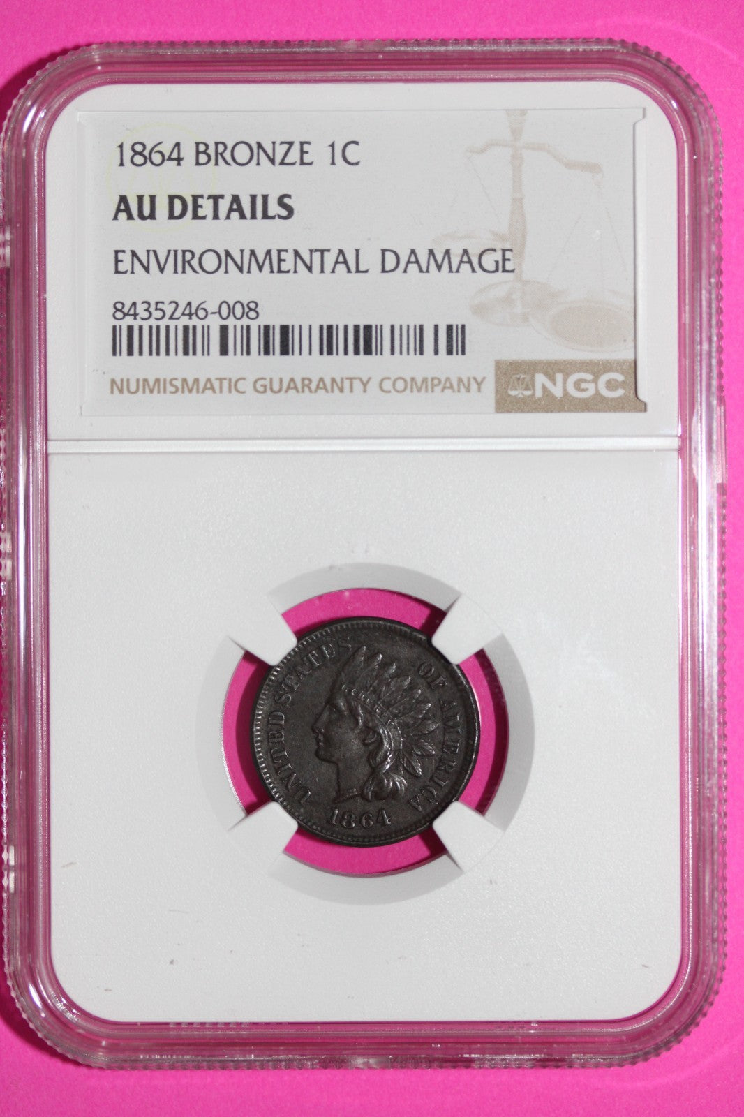 1864 Bronze  Indian Head Cent Penny AU Details NGC Environmental Damage 912