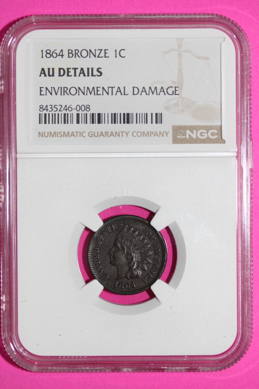 1864 Bronze  Indian Head Cent Penny AU Details NGC Environmental Damage 912