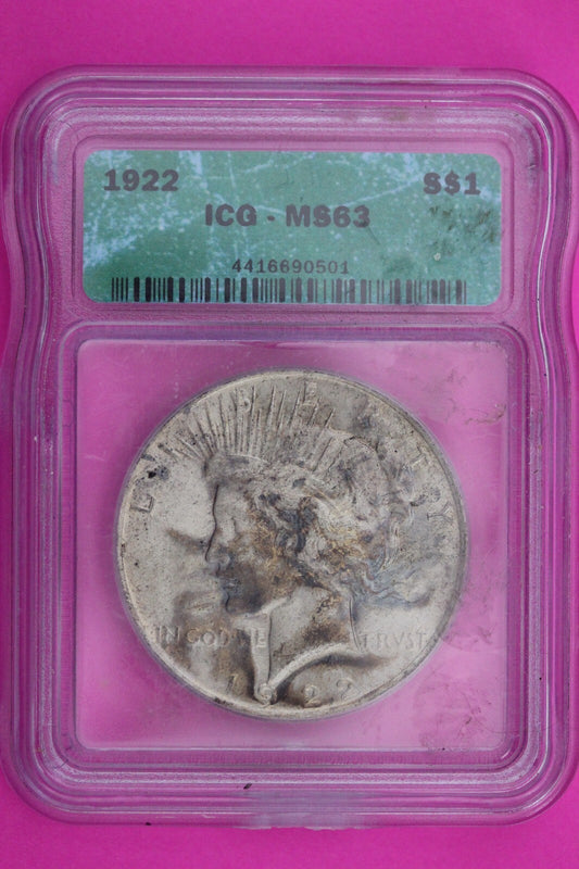 1922 P MS 63 Liberty Peace Silver Dollar ICG Certified Authentic Graded Slab 487