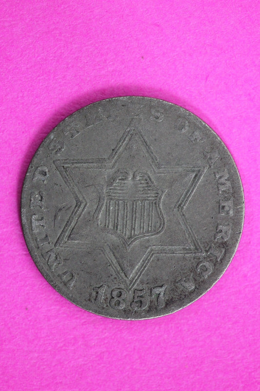 High Grade 1857 Trime 3 Three Cent Silver Dime Rare Semi Key Date Coin 128