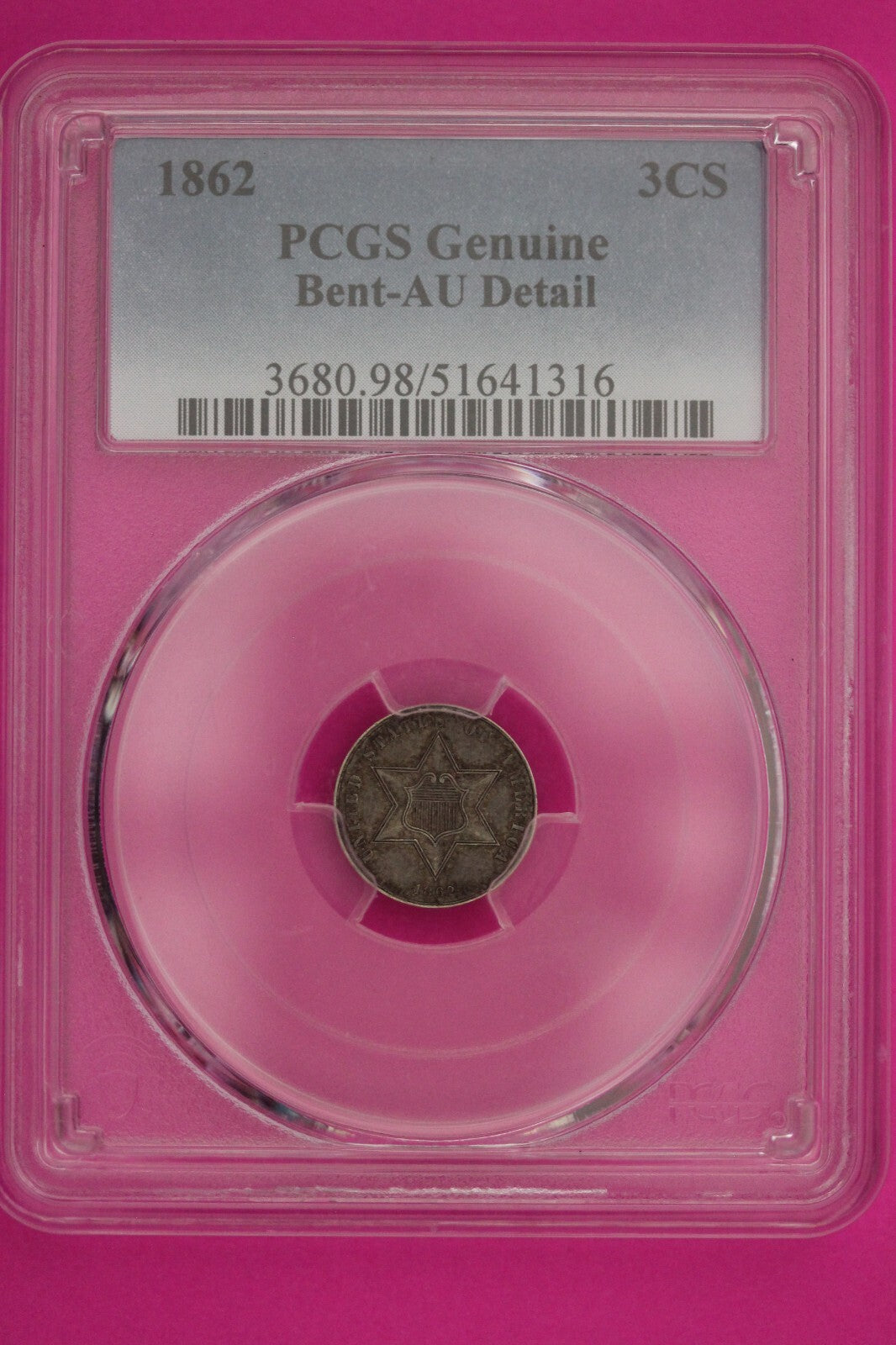 1862 Unc Detail Trime 3 Three Cent Silver Dime PCGS Genuine Bent Certified 935