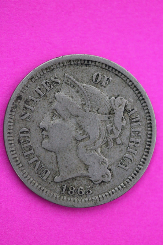 1865 Three 3 Cent Nickel Scarce Semi Key Date Type Coin Philadelphia Mint 05