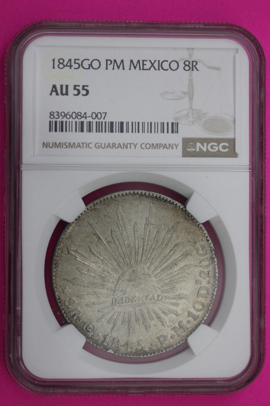 1845 GO PM Mexico 8 Reales AU 55 Silver NGC Authentic Graded Authentic Slab 579