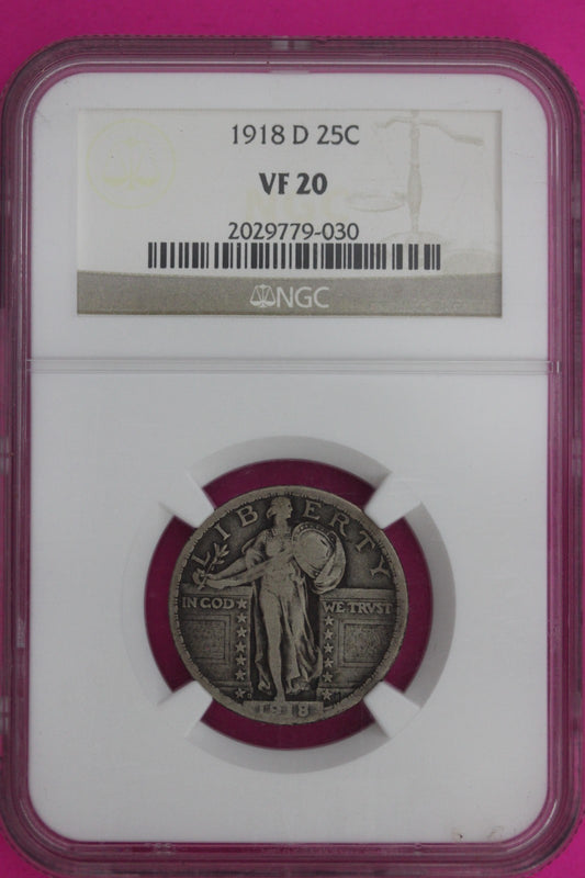 1918 D VF 20 Standing Liberty Silver Quarter NGC Certified Graded Authentic 1246