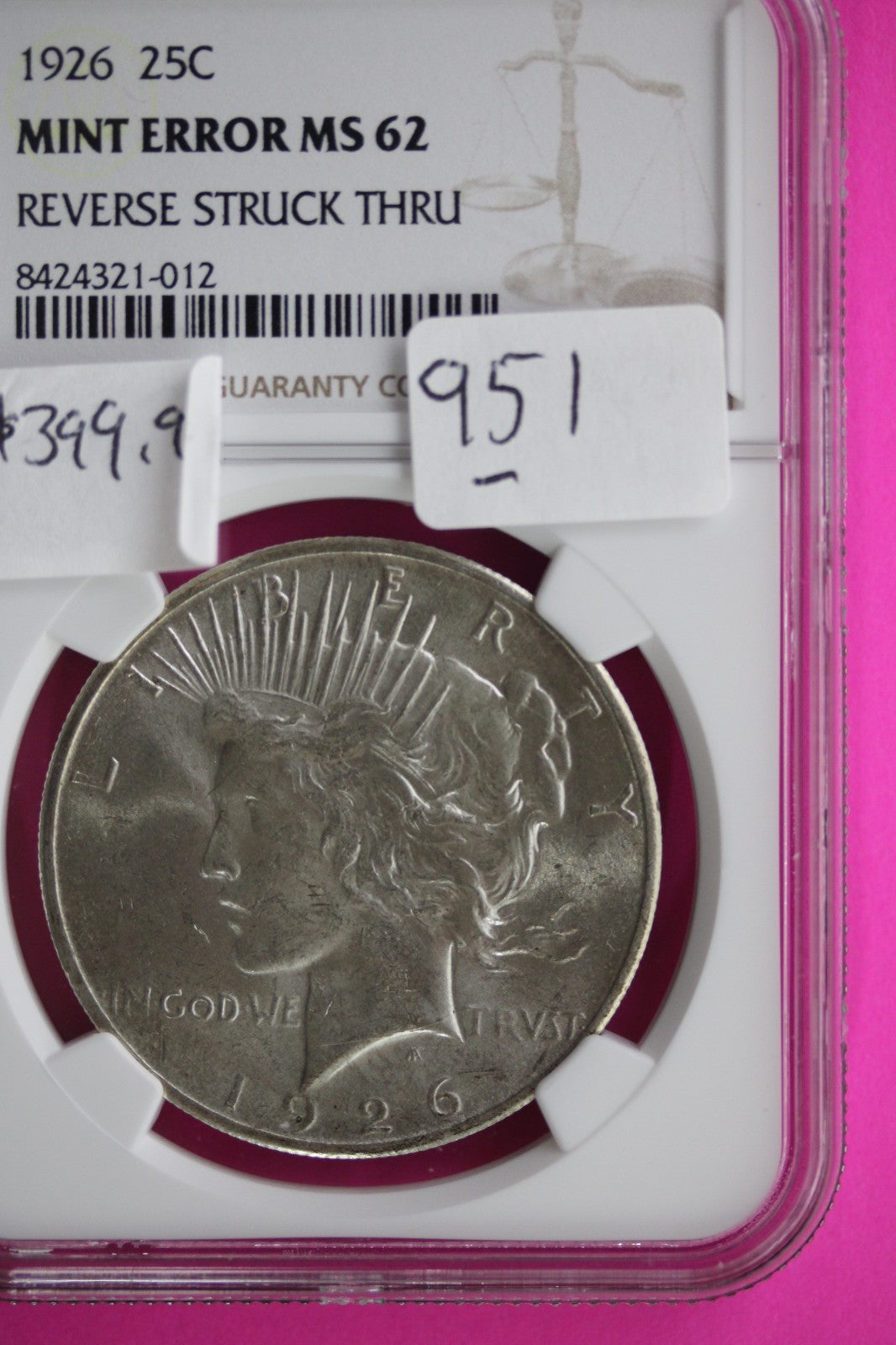Mint Error 1926 P MS 62 Liberty Peace Silver Dollar NGC Reverse Struck Thru 81