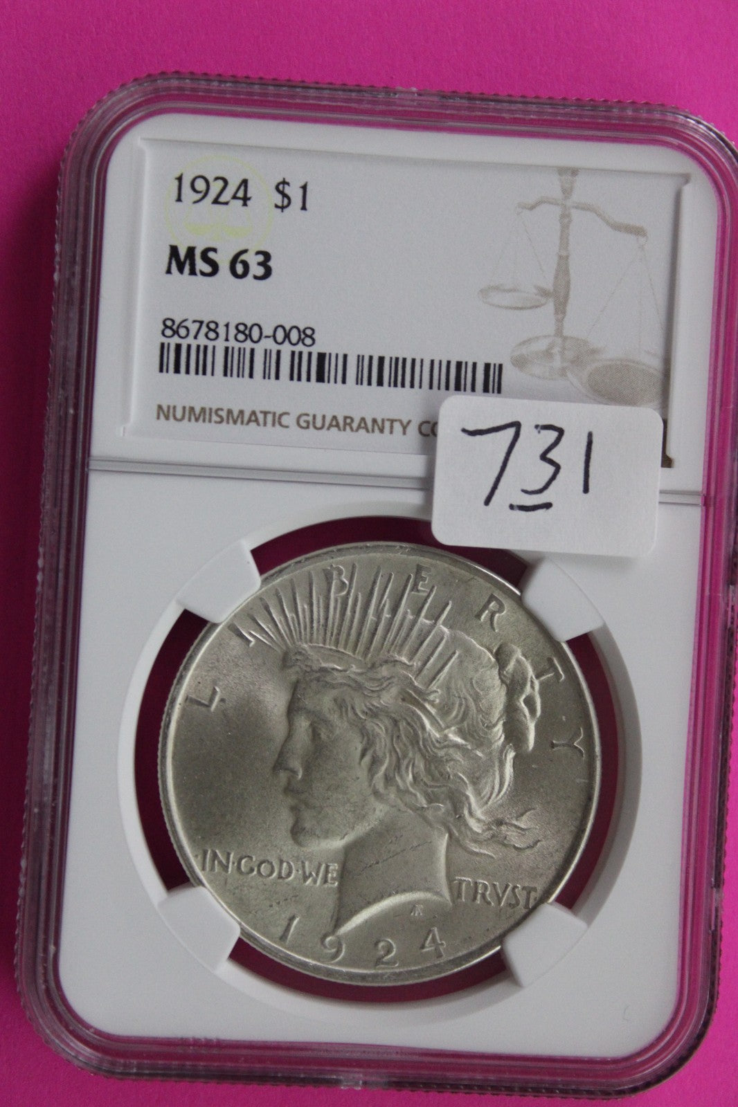 1924 P MS 63 Liberty Peace Silver Dollar NGC Certified Graded Authentic 731