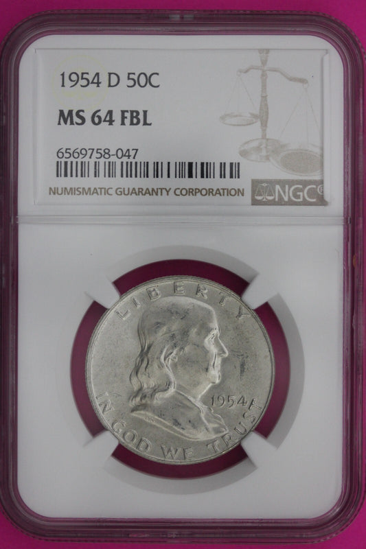 Full Bell Lines 1954 D MS 64 FBL Ben Franklin Half Dollar Silver Coin NGC 942