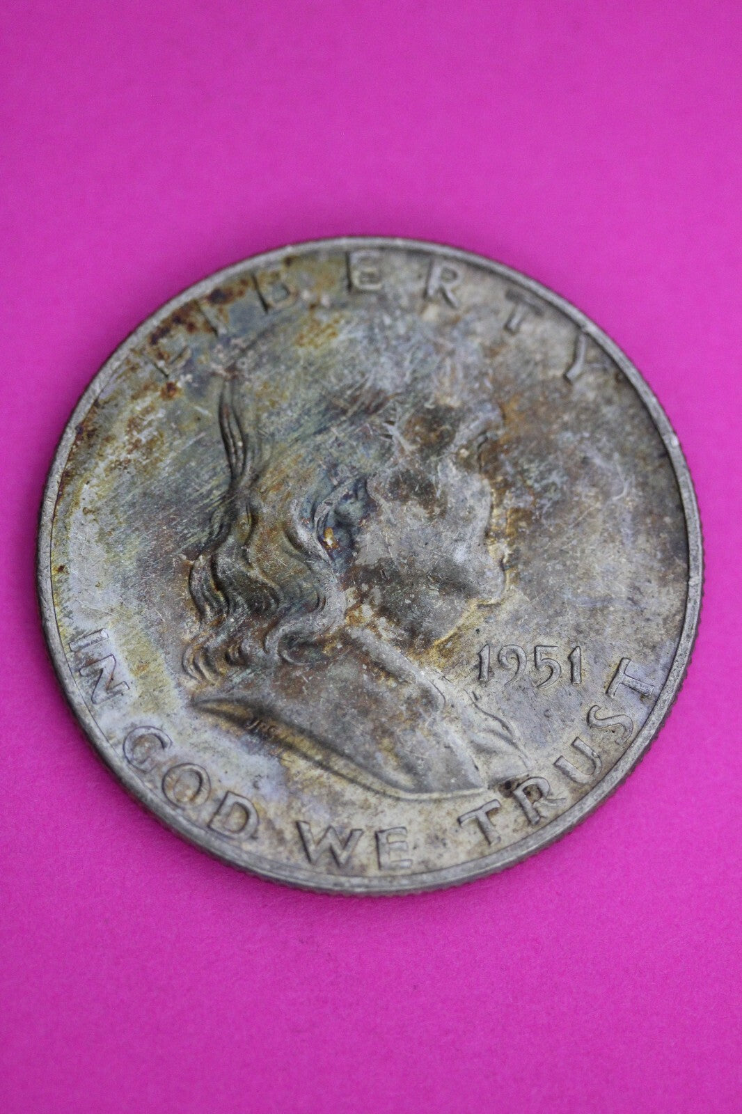 High Grade Toned 1951 D Ben Franklin Silver Half Dollar Exact Coin Shown 19