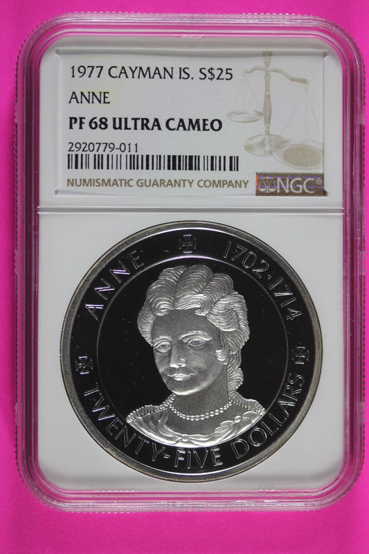 1977 PF 68 Cayman Islands Anne $25 Dollars Silver Coin NGC Graded Authentic 534