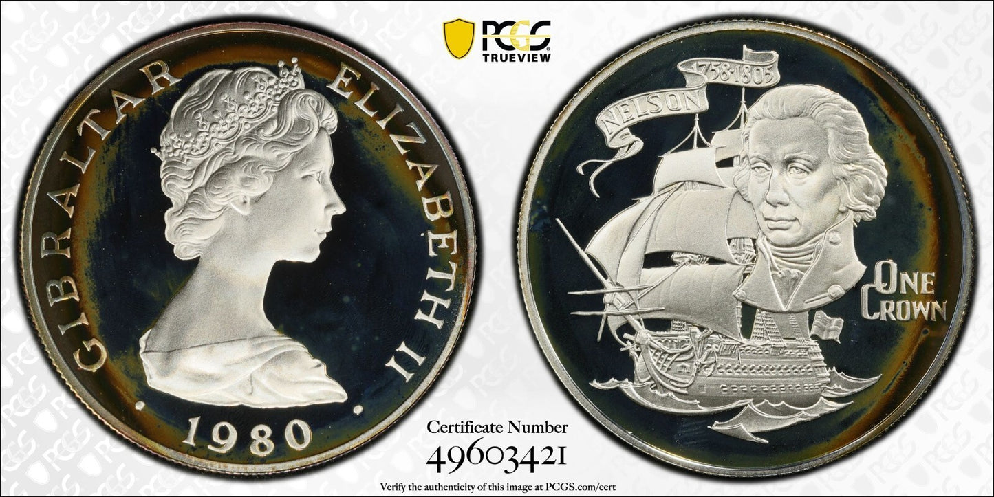 Toned 1981 PR 68 DCAM Crown Gibraltar Admiral Nelson Battle Trafalgar PCGS 567
