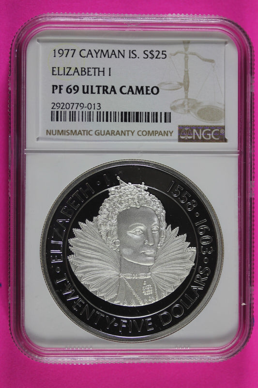 1977 PF 69 Cayman Islands Elizabeth I $25 Dollars Silver Coin NGC Graded 545