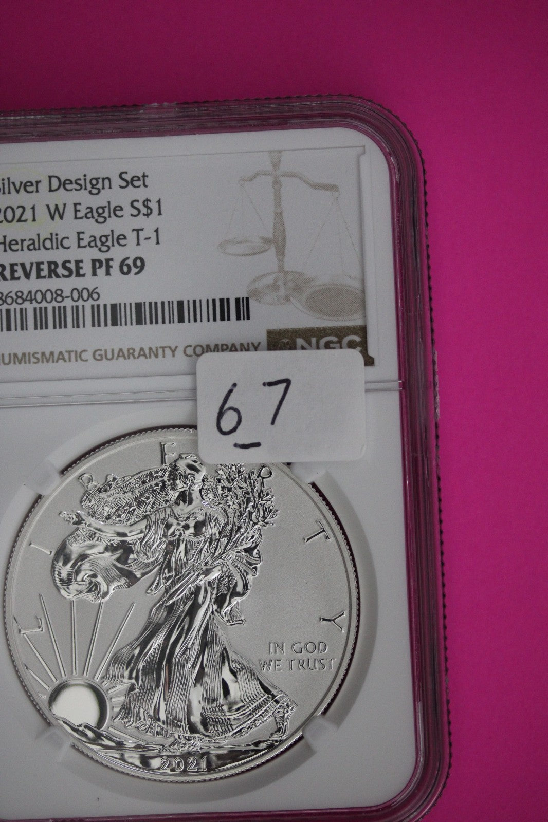 2021 W T1 Reverse Proof Silver Eagle PF 69 One Coin From Design Set NGC Slab 67