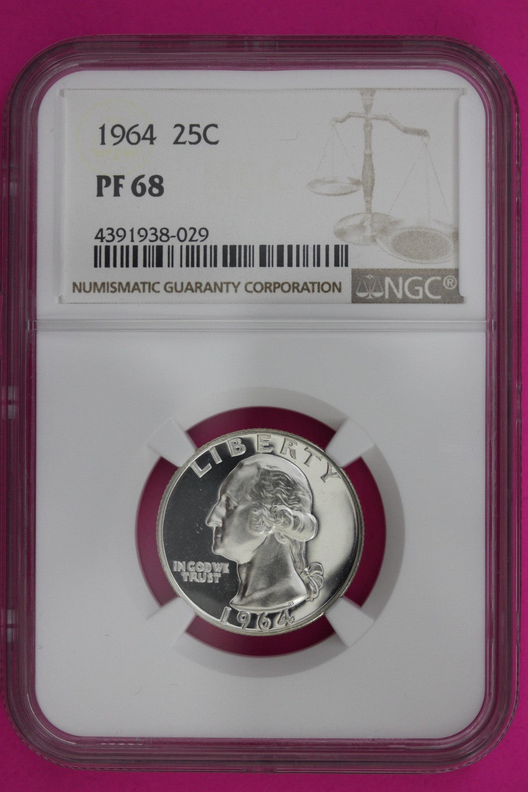 1964 PF 68 Proof Washington Silver Quarter NGC Certified Graded Authentic 1357