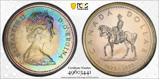 Rainbow Toned 1973 SP 65 Canada RC Mounted Police Silver Dollar PCGS Graded 741