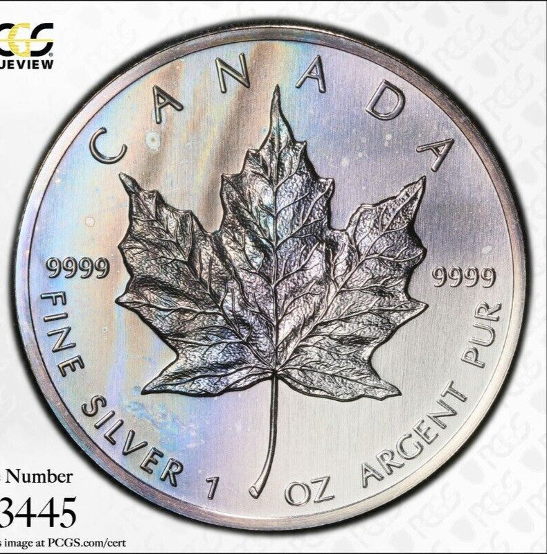 Rainbow Toned 1988 MS 67 Canada Maple Leaf Silver 5 Dollar PCGS Graded Slab 736