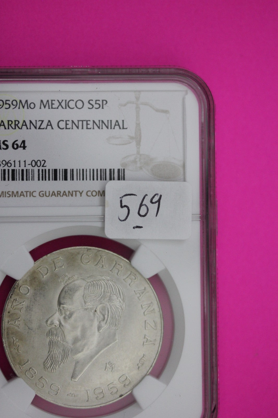 1959 MS 64 Mexico 5 Pesos Silver Coin NGC Authentic Graded Authentic Slab 569