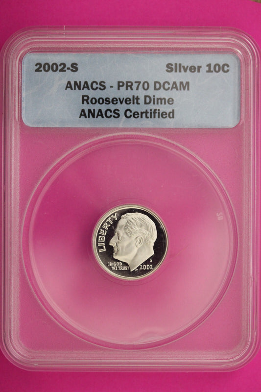 2002 S PR 70 Roosevelt Silver Dime Deep Cameo ANACS Certified Graded Slab 411