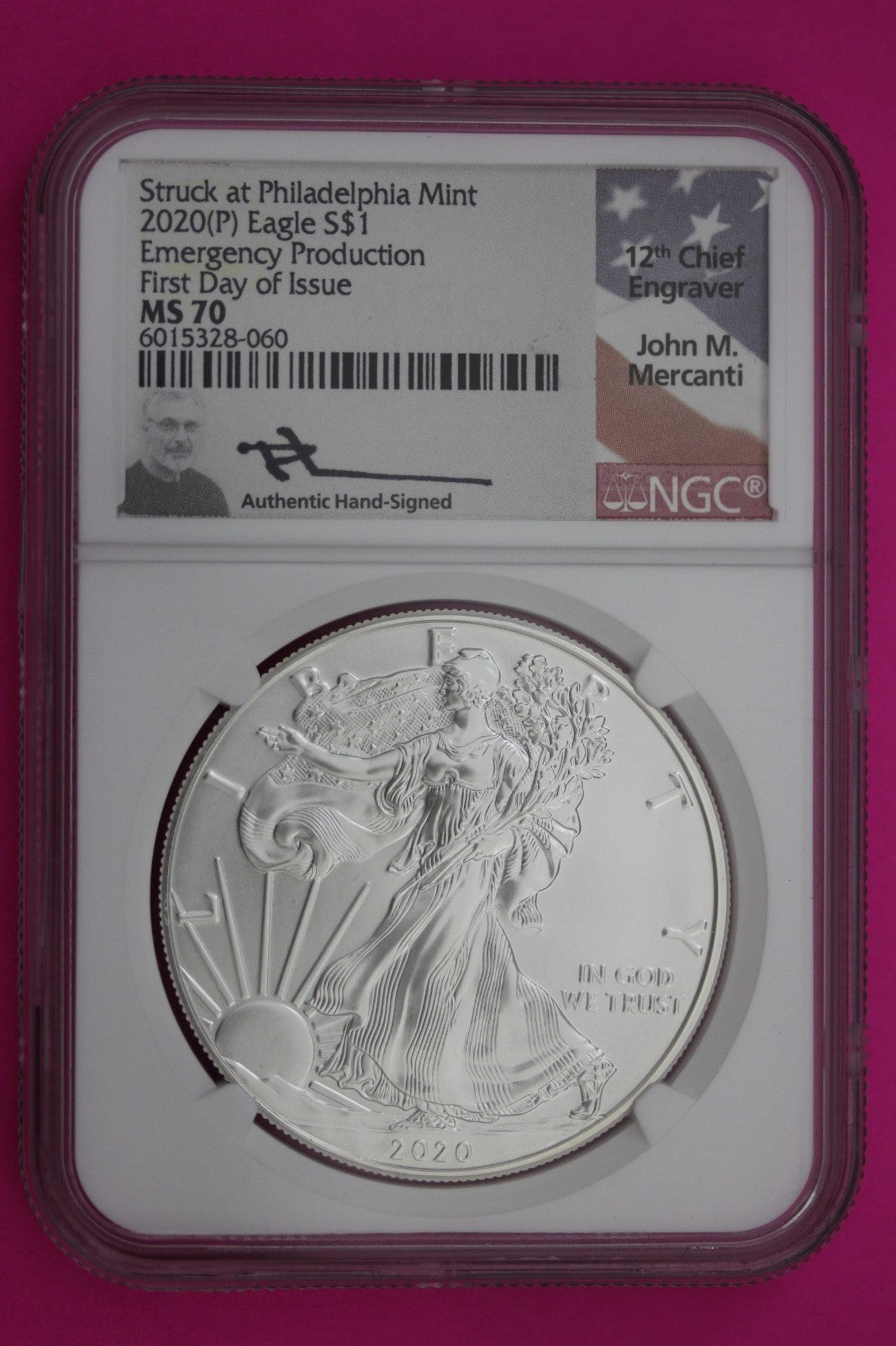 2020 (P) MS 70 Silver Eagle Mercanti Signature Emergency Issue NGC Certified 245