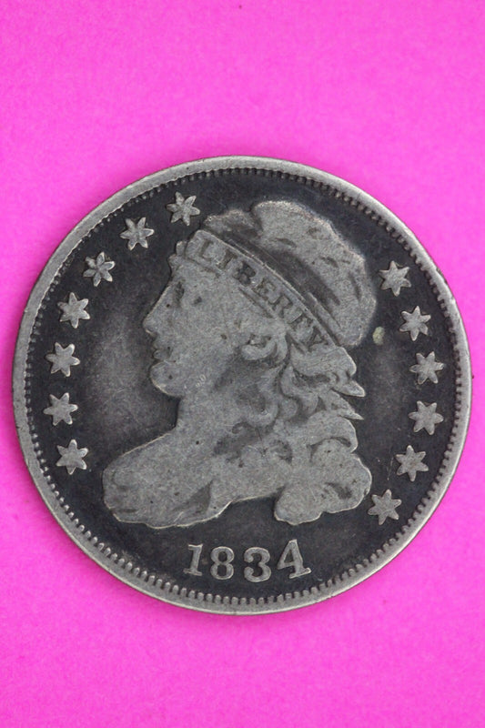1834 Bust Capped Dime Reverse Rim Cud Lady Liberty Silver Coin Authentic 1294