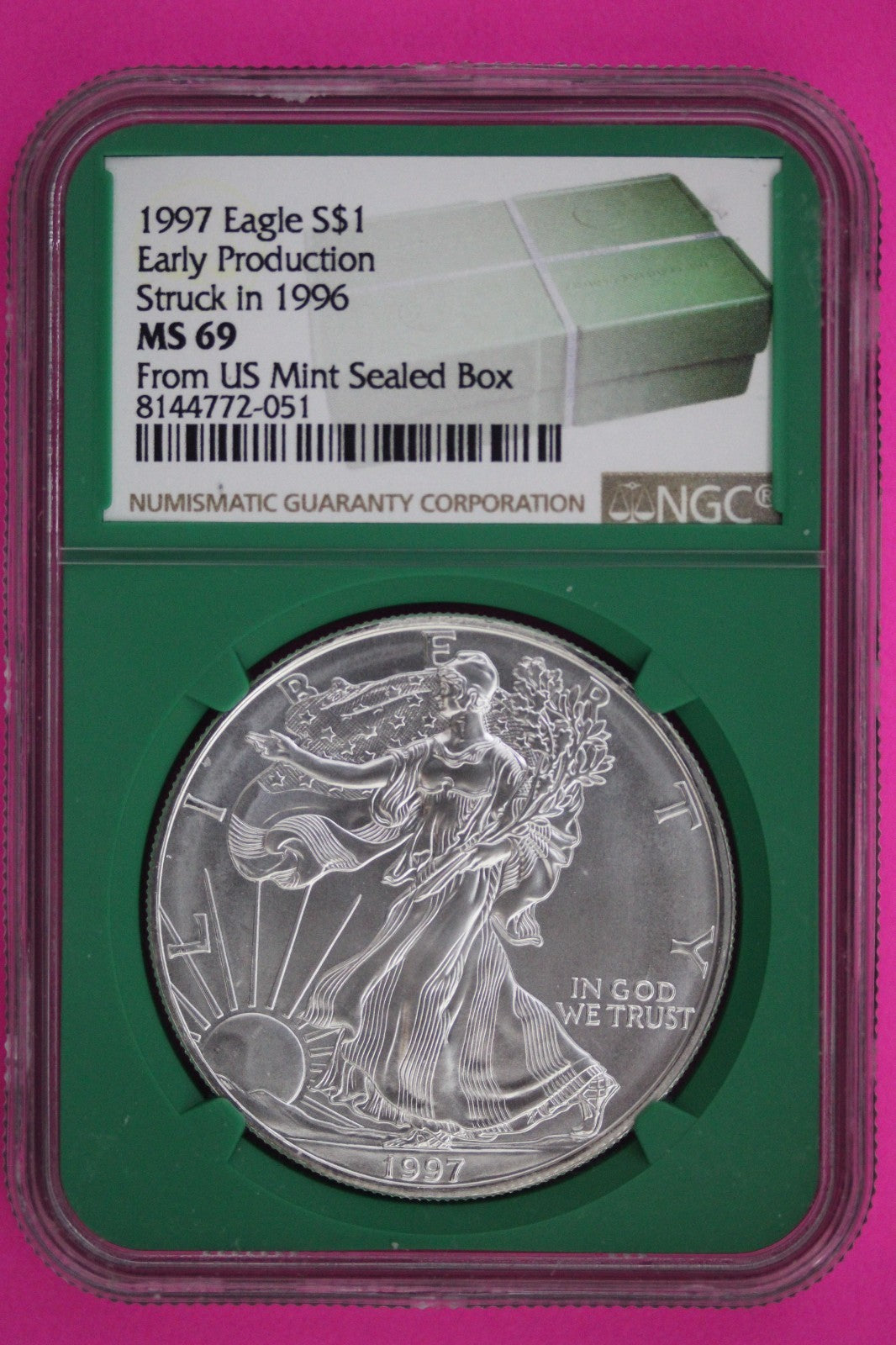 1997 Early Production Struck in 1996 MS 69 Silver Eagle Coin NGC Certified 890