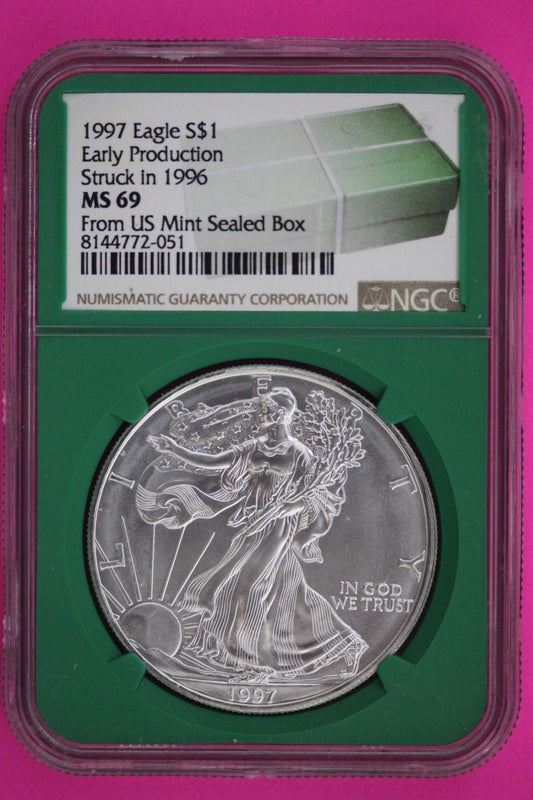 1997 Early Production Struck in 1996 MS 69 Silver Eagle Coin NGC Certified 890