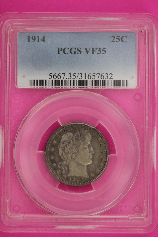 1914 P VF 35 Barber Liberty Silver Quarter PCGS Certified Authentic Genuine 1270