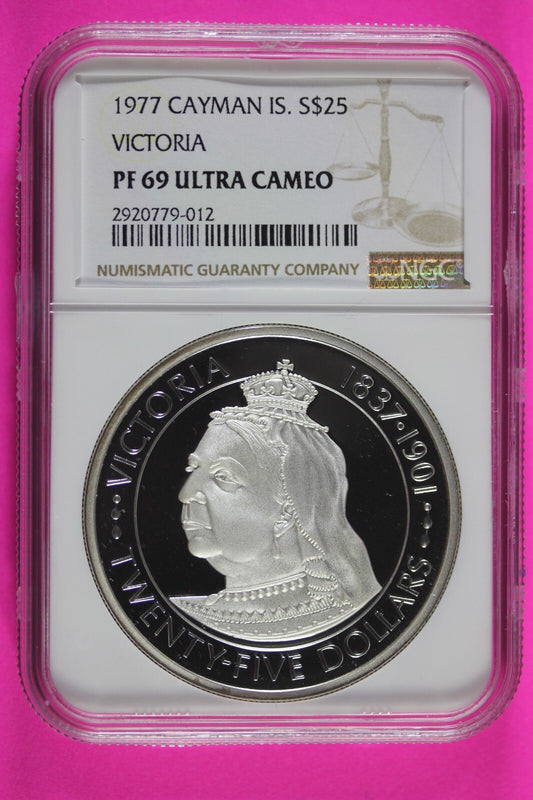Top Pop 1977 PF 69 Cayman Islands Victoria $25 Dollars Silver Coin NGC Slab 540