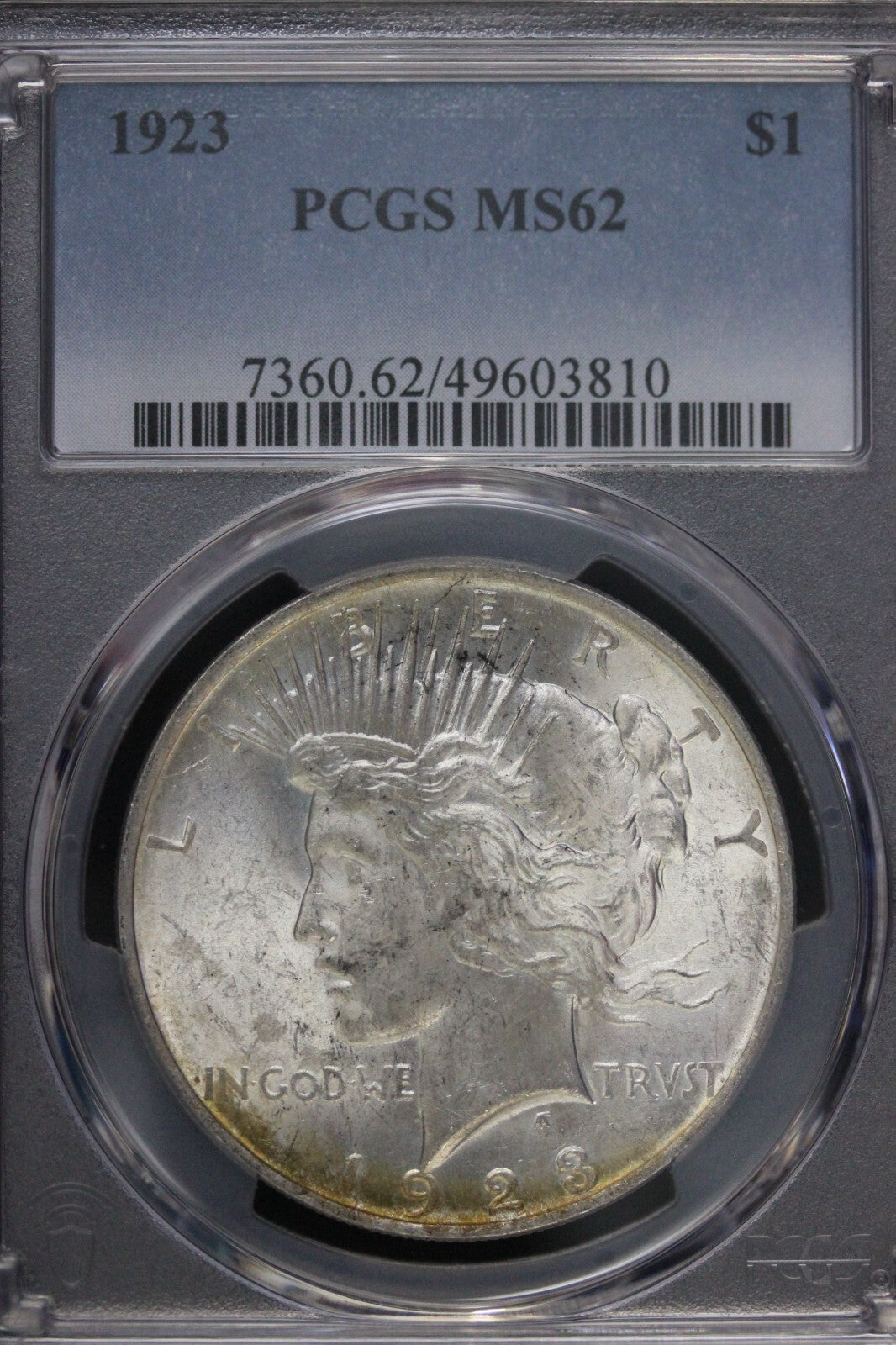 Toned 1923 P MS 62 Peace Silver Dollar PCGS Graded Certified Authentic Slab 48