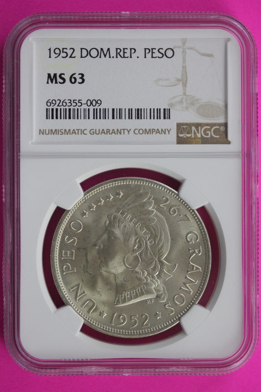 1952 MS 63 Dominican Republic Peso Silver Coin NGC Certified Authentic Slab 563