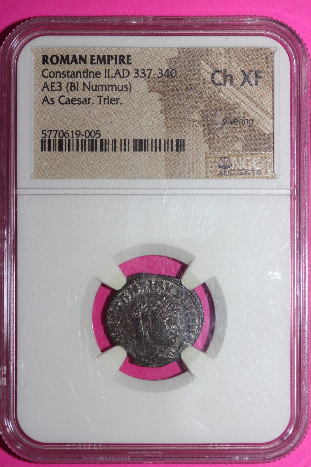 Choice XF Roman Empire Constantine II AD 337-340 AE3 BI Nummus Trier NGC Slab 95