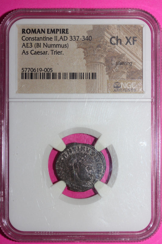 Choice XF Roman Empire Constantine II AD 337-340 AE3 BI Nummus Trier NGC Slab 95