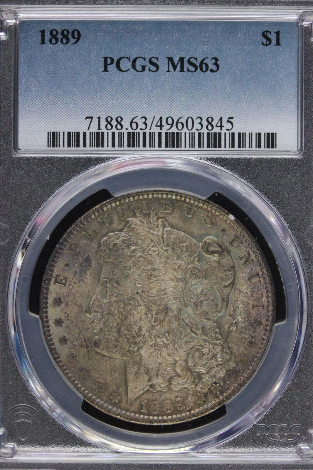 Toned 1889 P MS 63 Morgan Liberty Silver Dollar PCGS Certified Slab 34
